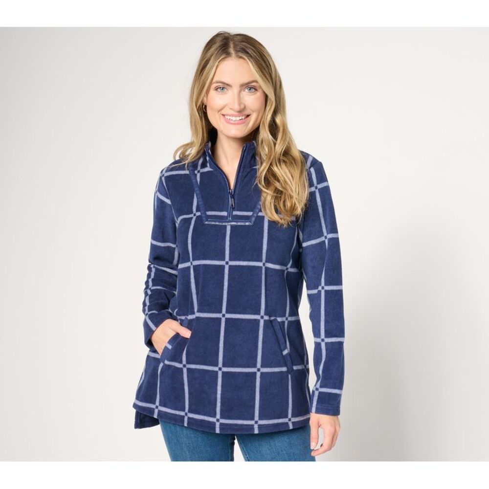 Susan Graver Navy and Light Blue Windowpane Half-Zip Pullover